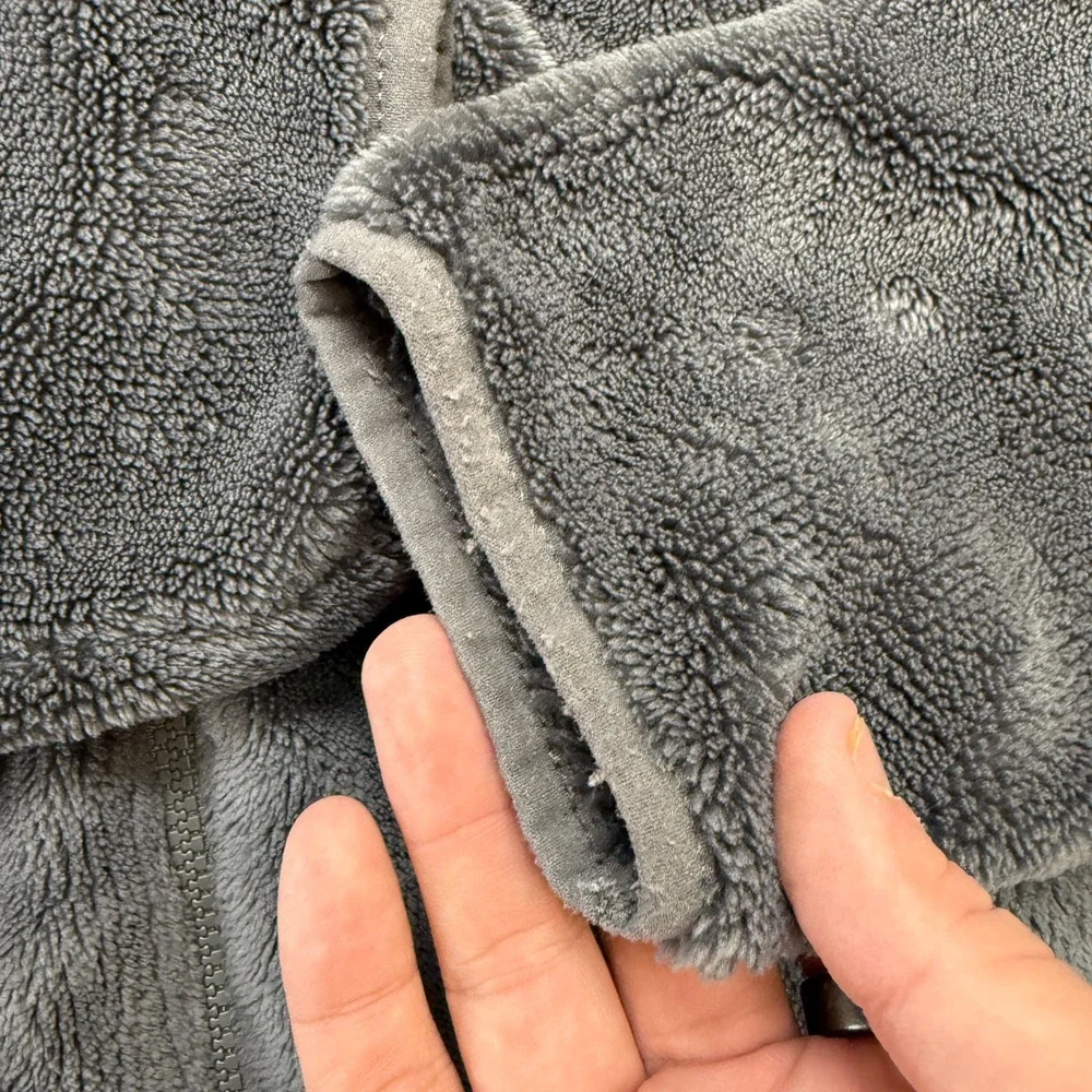 LL Bean Jacket Womens Medium Gray Hi Pile Fleece Full Zip Coat Elbow Patches - Picture 3 of 9